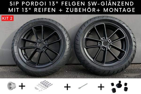 SIP PORDOI 13" Felgen KIT schwarz glänzend mit Michelin Michelin Power Pure SC Reifen